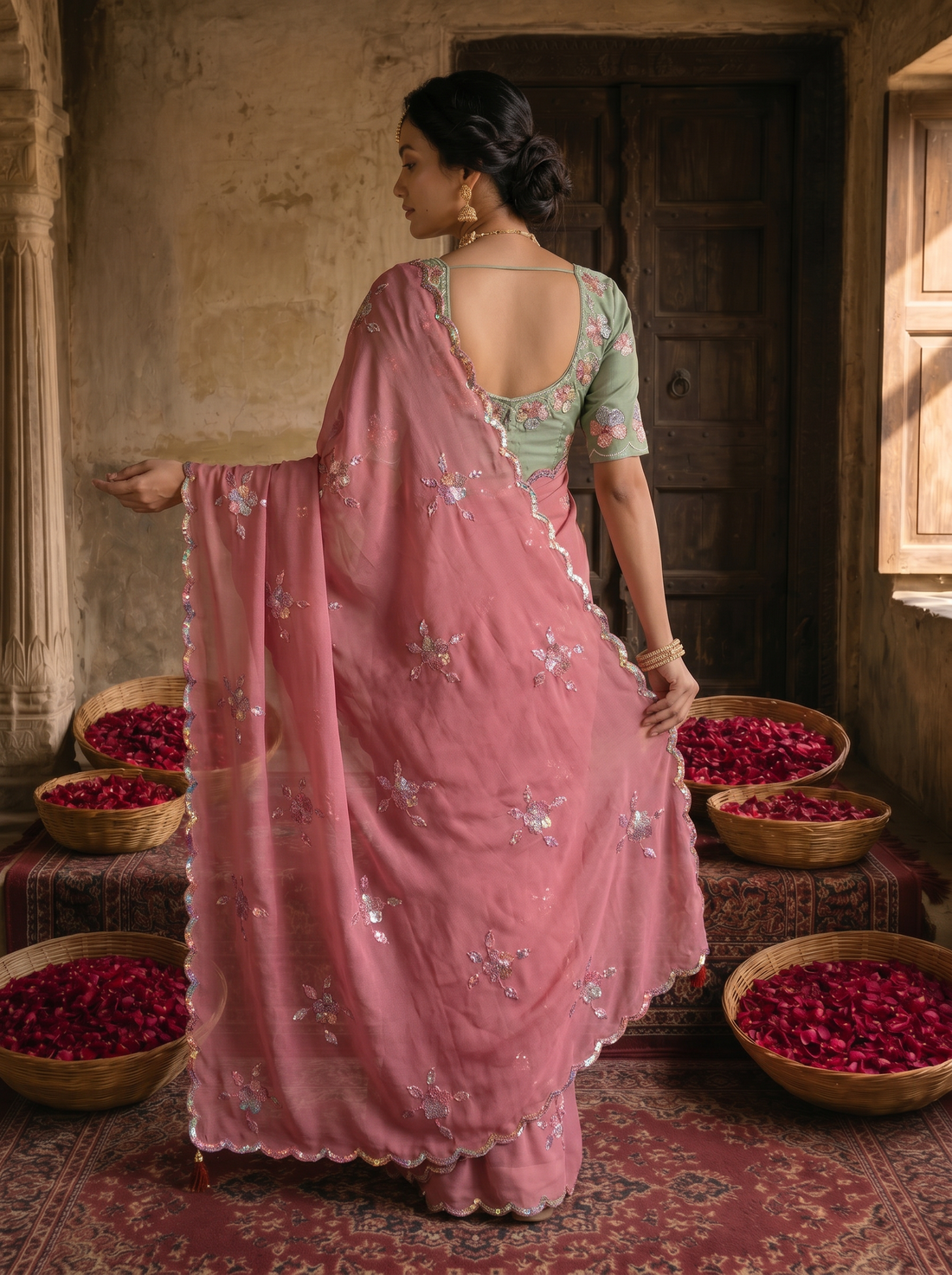 Dusty Rose Pink Georgette Embroidered Saree with Floral Sequin Work