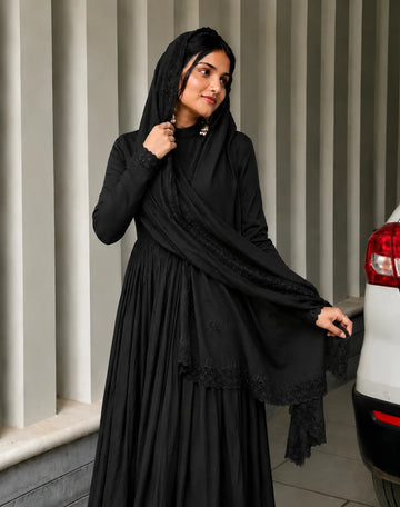 Black Pleated Anarkali Kurta Set with Embroidered Dupatta