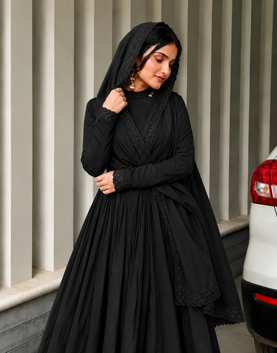Black Pleated Anarkali Kurta Set with Embroidered Dupatta