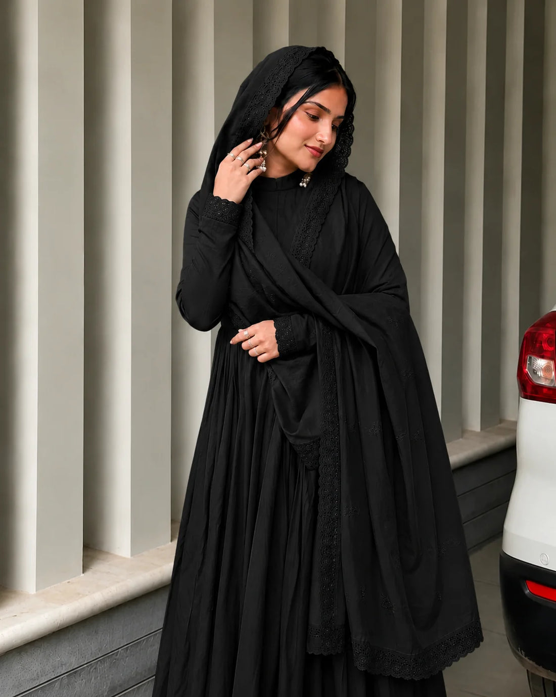 Black Embroidered Roman Silk Anarkali Set with Dupatta