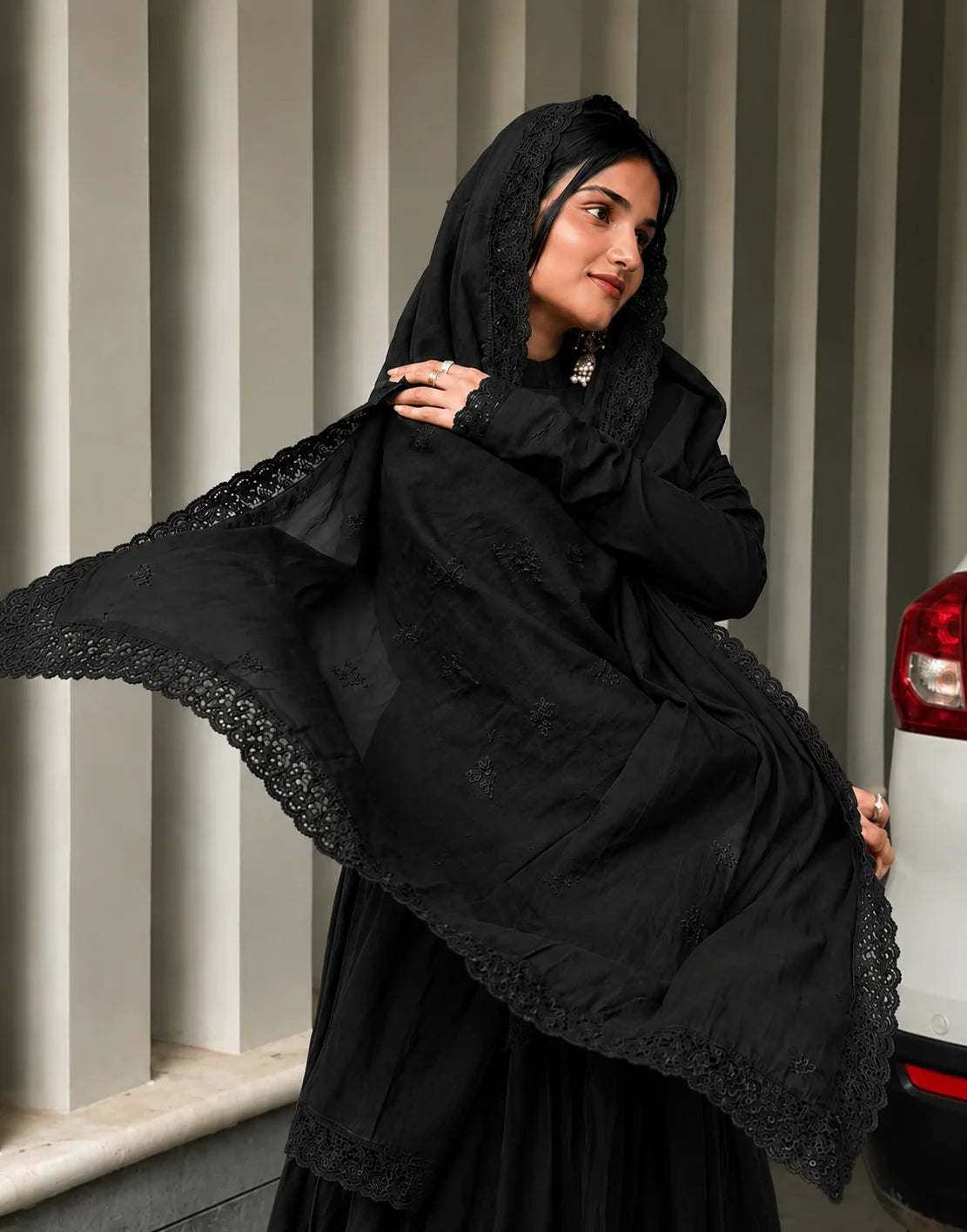 Black Pleated Anarkali Kurta Set with Embroidered Dupatta