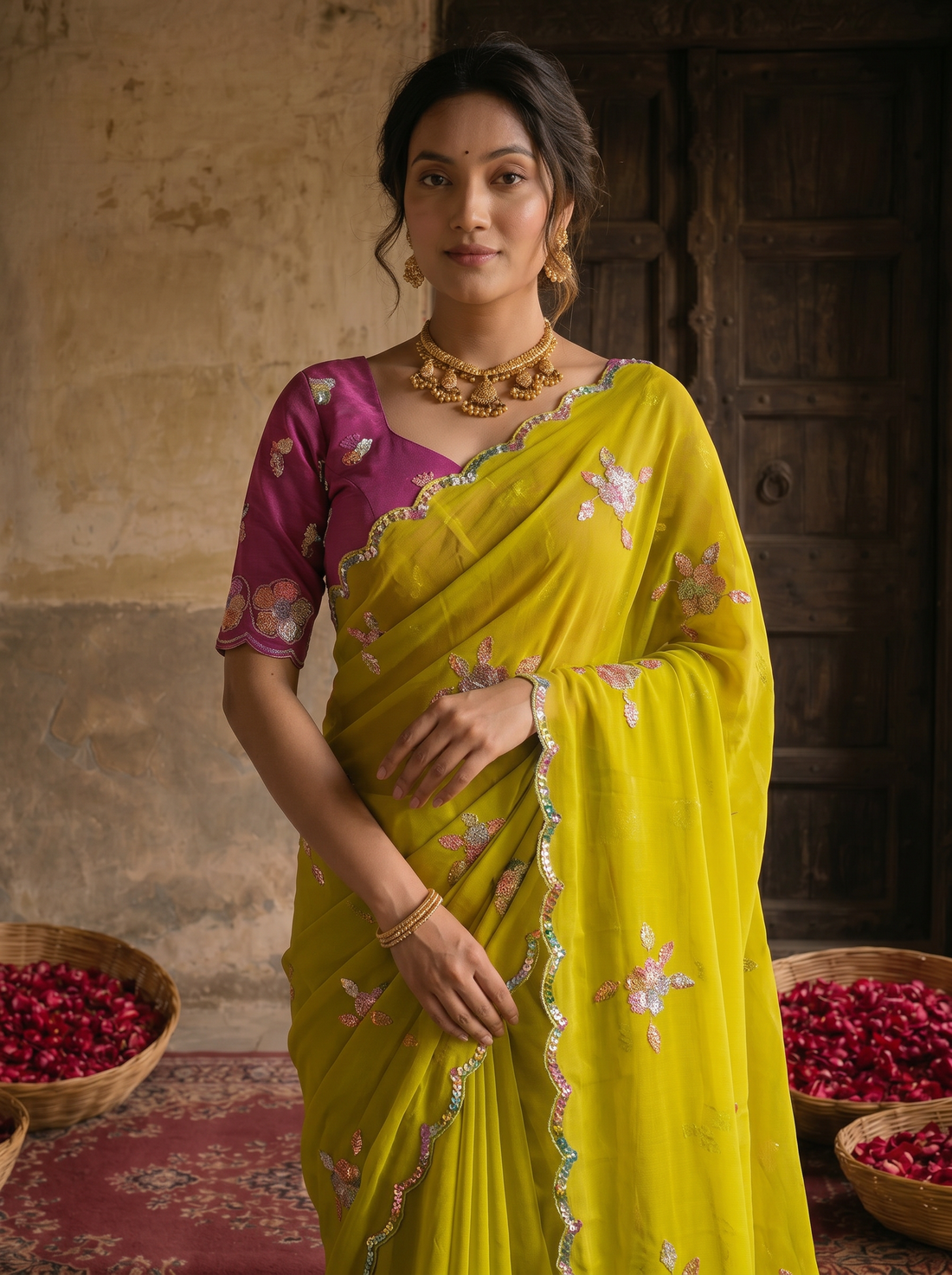 Lime Yellow Georgette Embroidered Saree with Floral Sequin Work