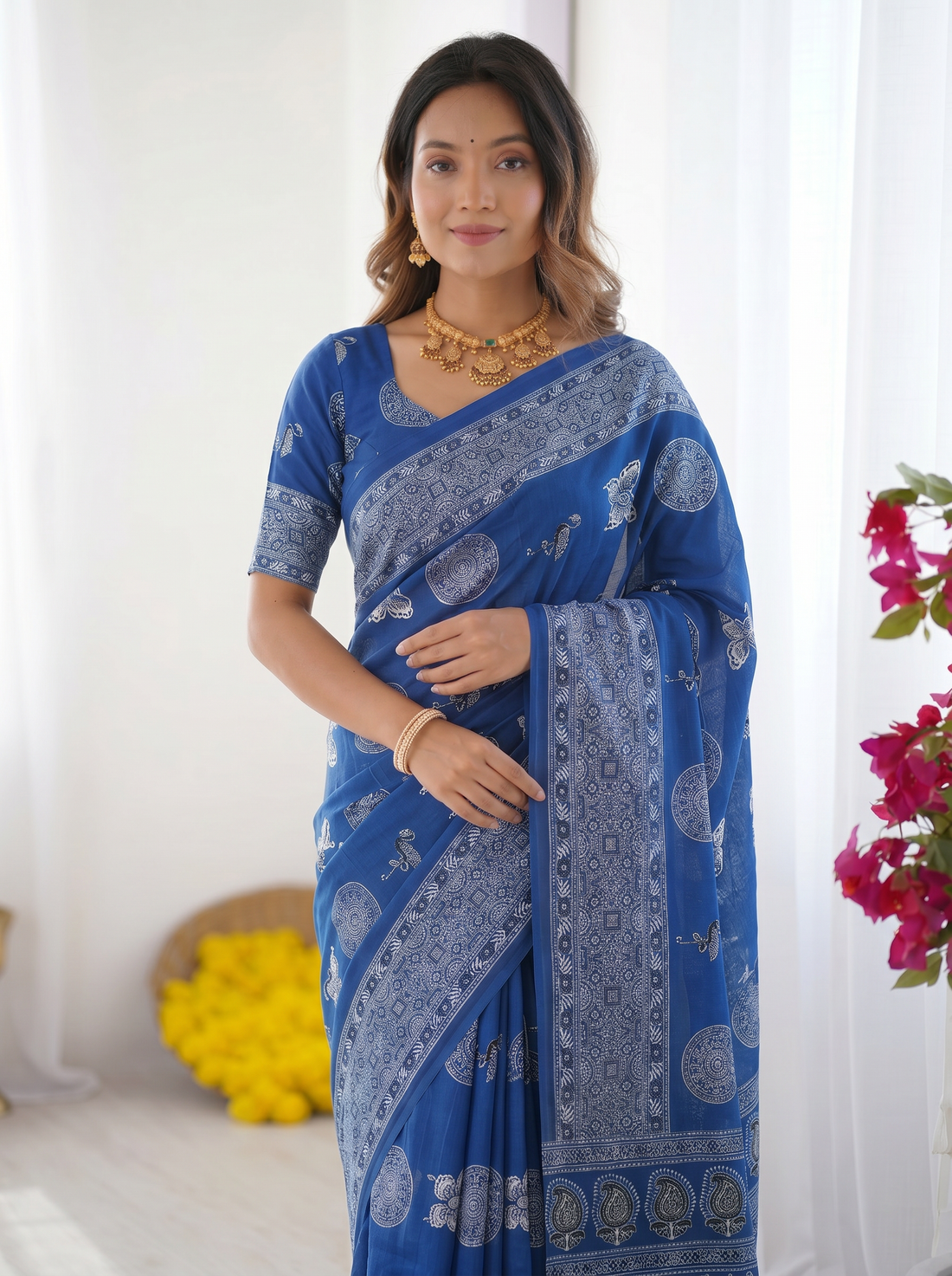 Royal Blue Modal Silk Saree with Paisley & Circular Motif Print