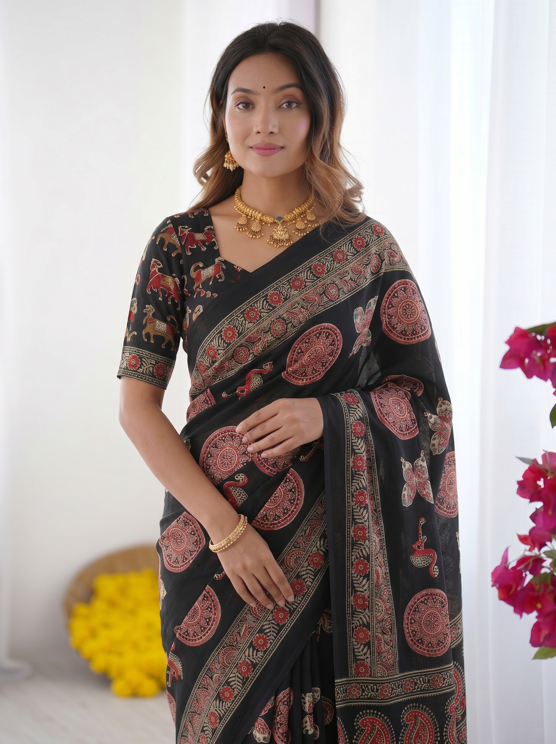 Black Modal Silk Saree with Traditional Ajrakh-Inspired Circular Motif Print