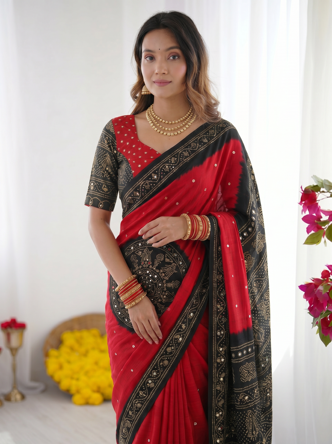 Crimson Red & Black Modal Silk Saree with Traditional Bandhani Inspired Motifs, Stone Work & Heritage Folk Art Pallu