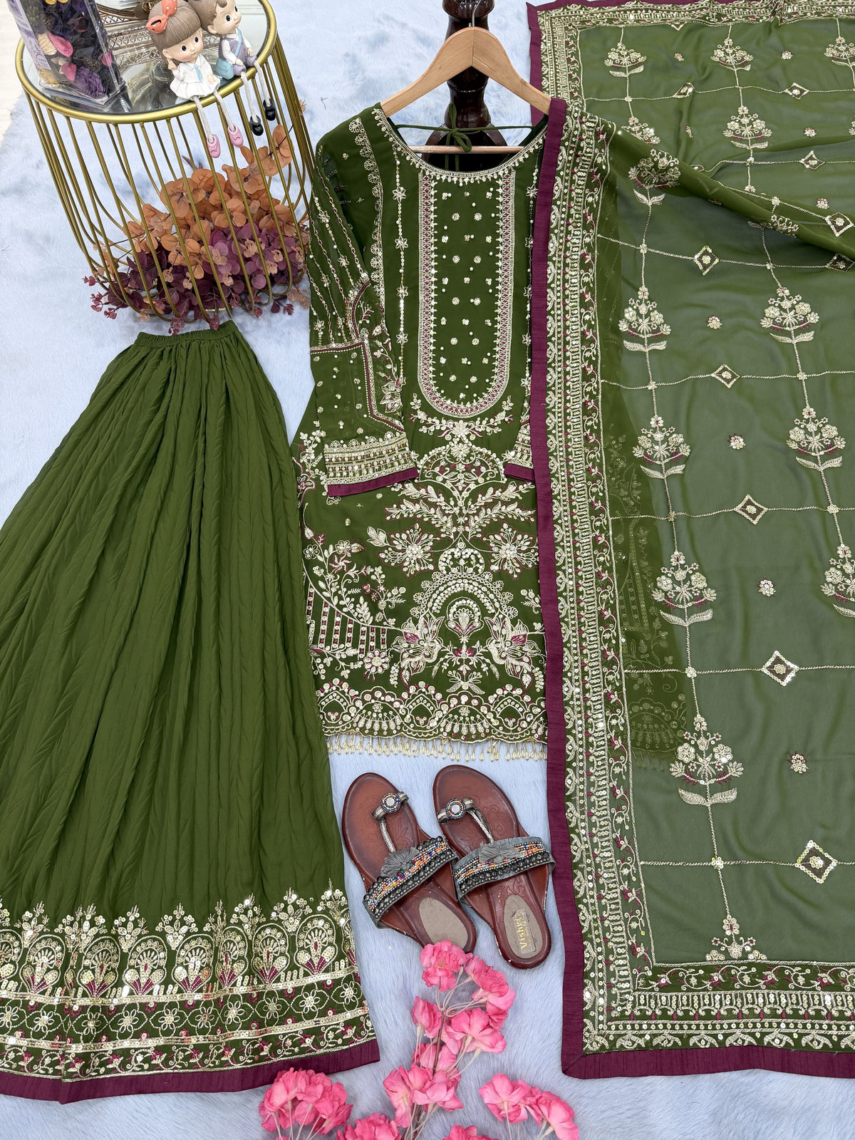 Olive Green Georgette Kurta Palazzo Set, view 4