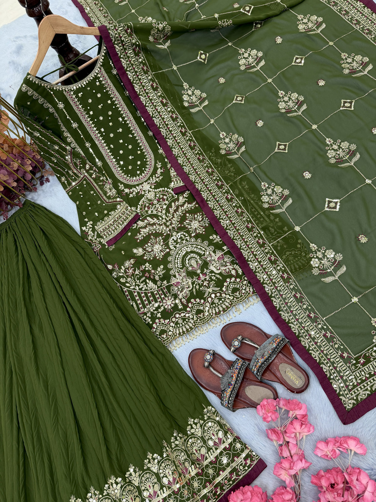 Olive Green Georgette Kurta Palazzo Set, view 5