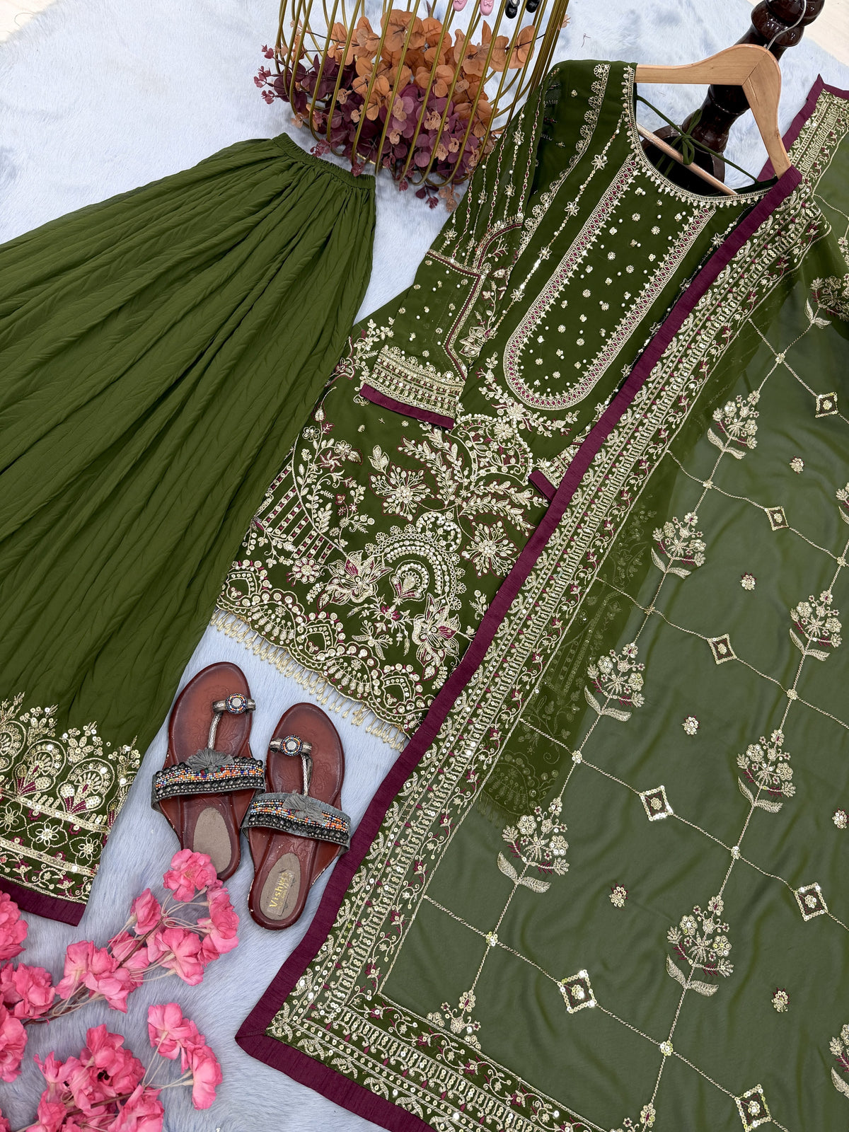 Olive Green Georgette Kurta Palazzo Set, view 6