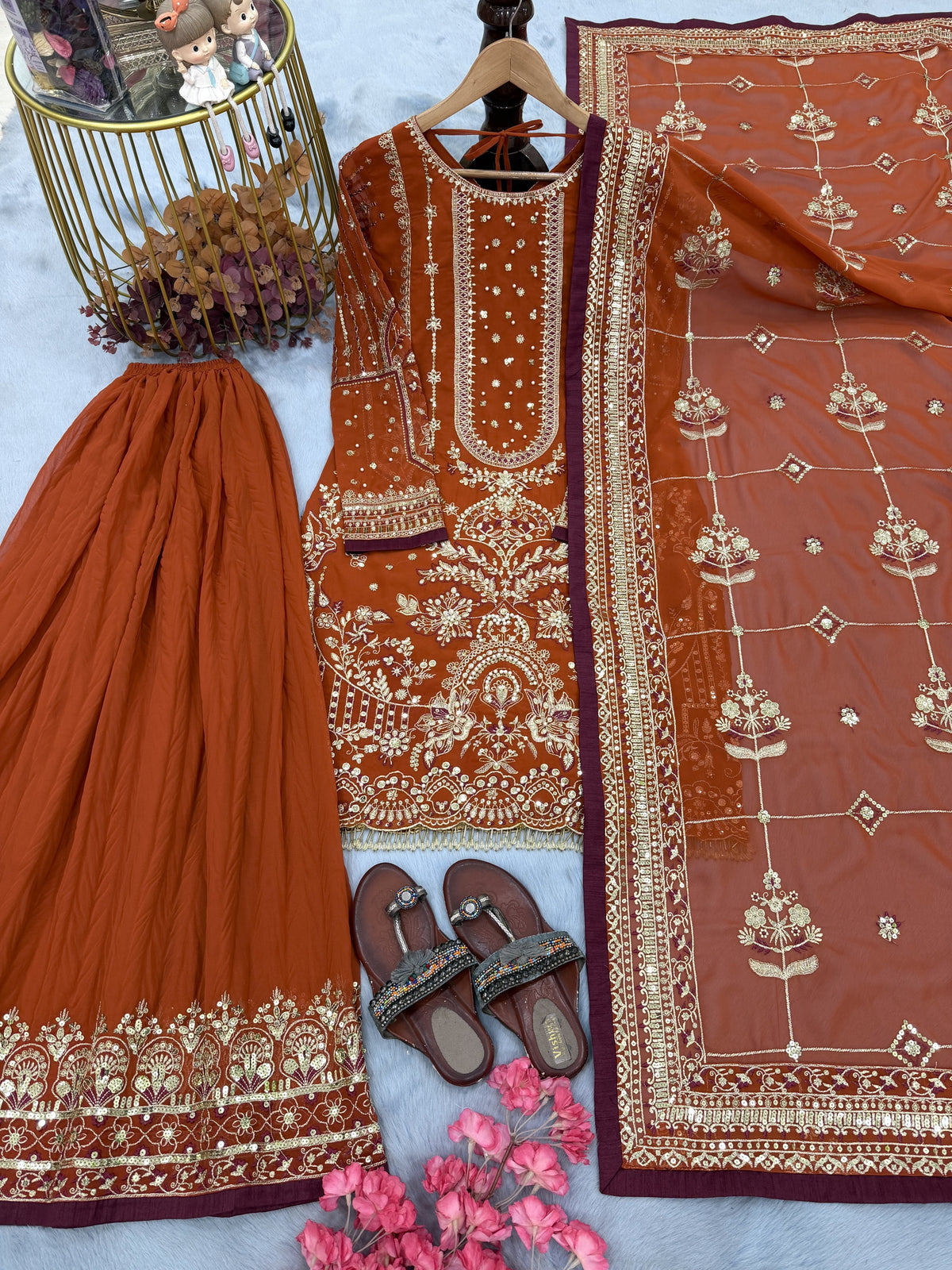Rust Georgette Kurta Palazzo Set, view 4
