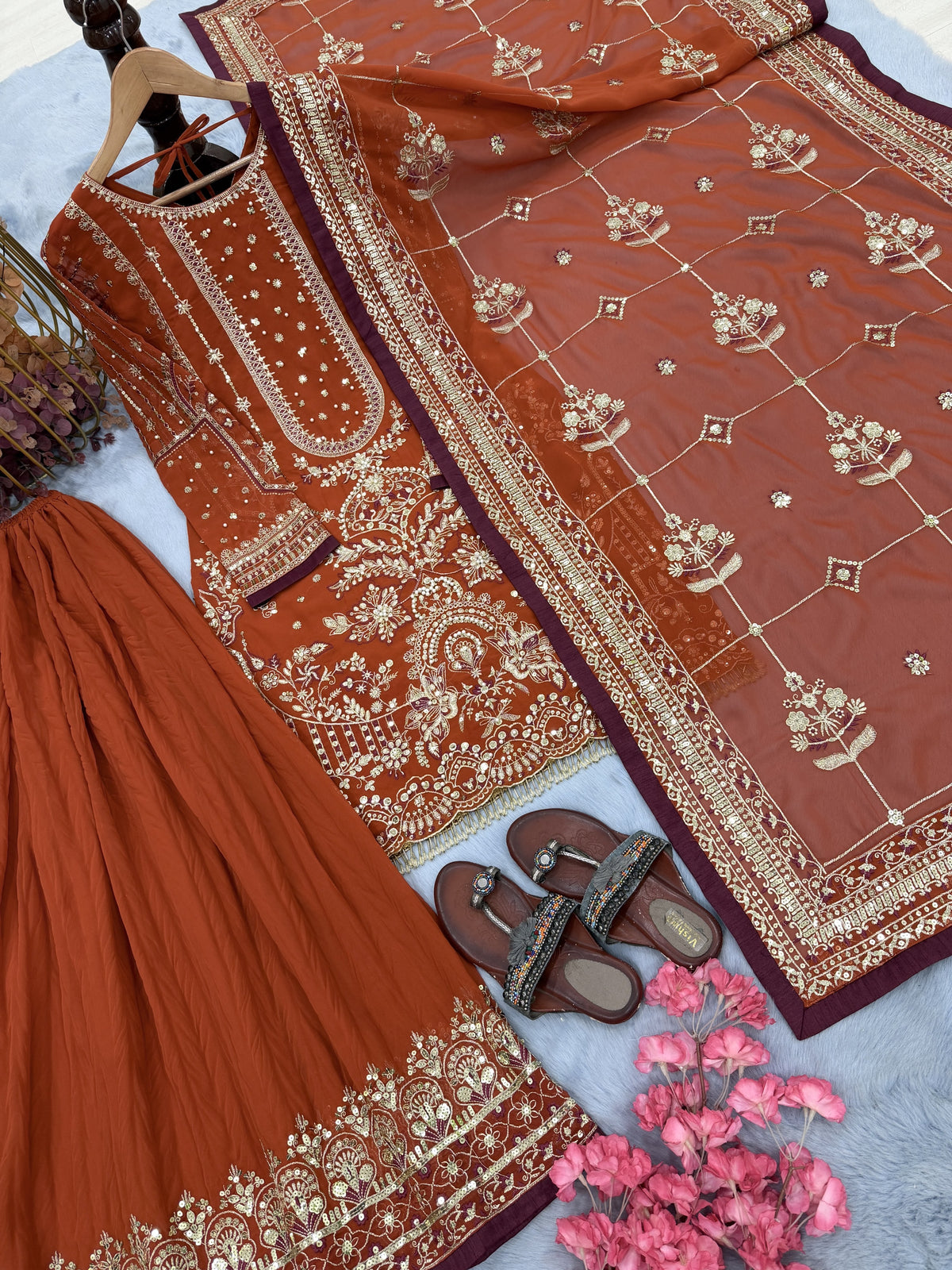 Rust Georgette Kurta Palazzo Set, view 5