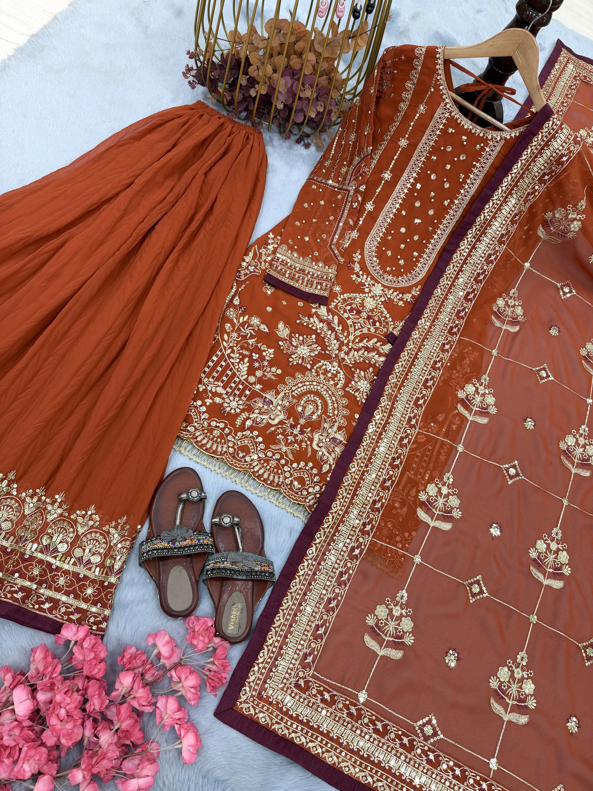 Rust Georgette Kurta Palazzo Set, view 6