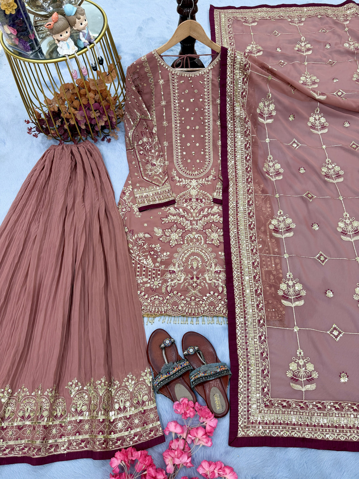 Dusty Rose Georgette Kurta Palazzo Set, view 3