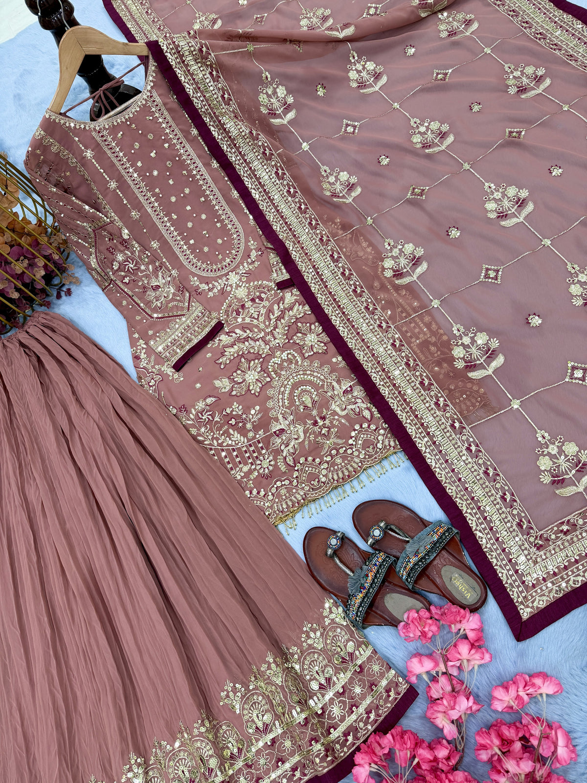 Dusty Rose Georgette Kurta Palazzo Set, view 4