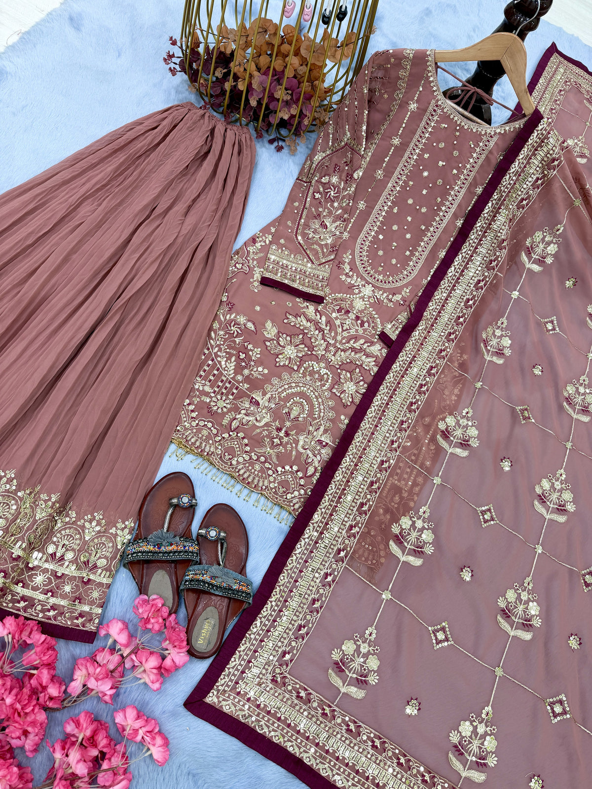 Dusty Rose Georgette Kurta Palazzo Set, view 5
