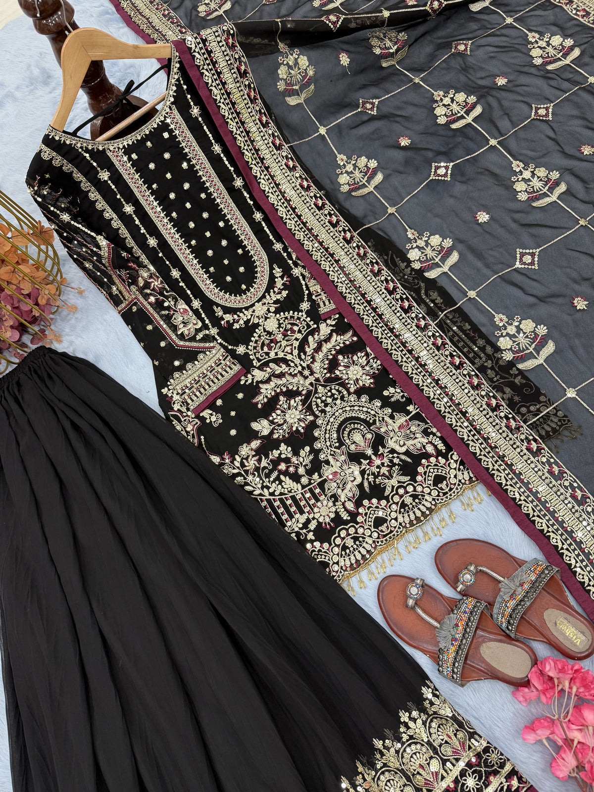 Black Georgette Kurta Palazzo Set, view 4