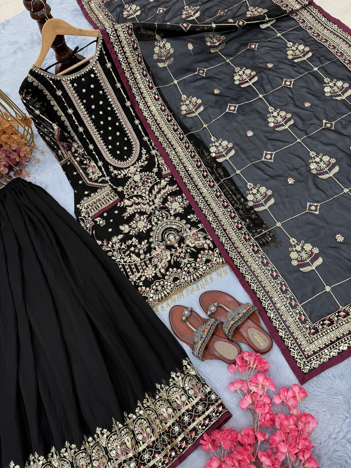 Black Georgette Kurta Palazzo Set, view 6