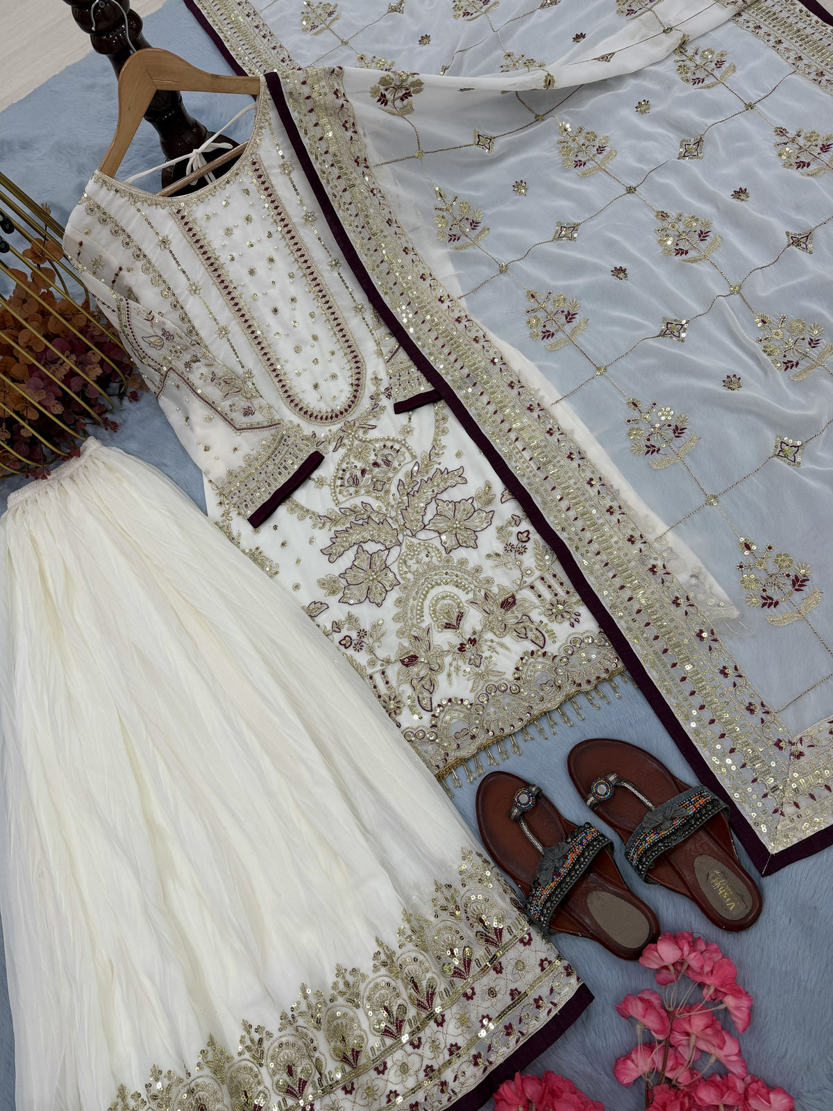 Ivory Georgette Kurta Palazzo Set, view 5
