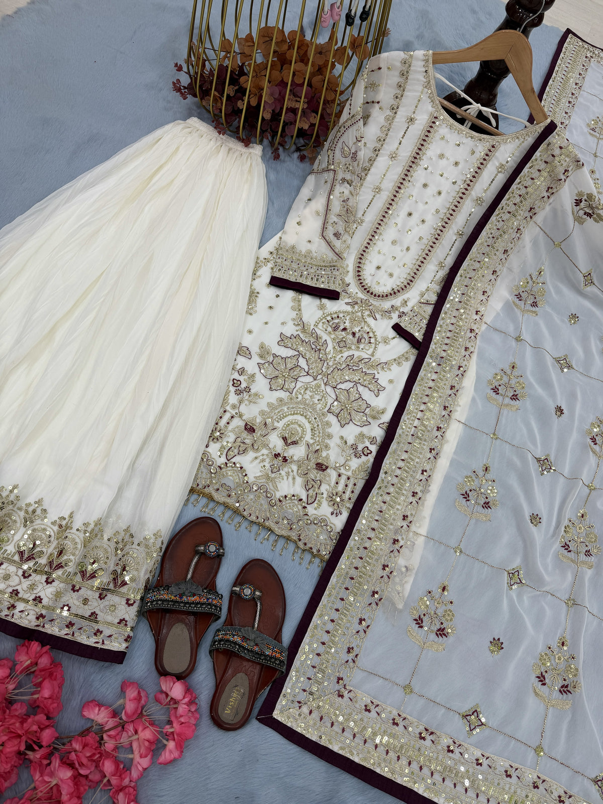 Ivory Georgette Kurta Palazzo Set, view 6