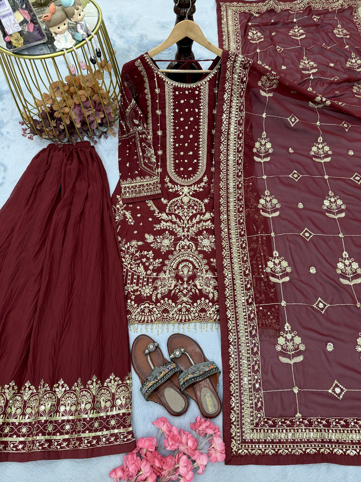 Maroon Georgette Kurta Palazzo Set, view 4