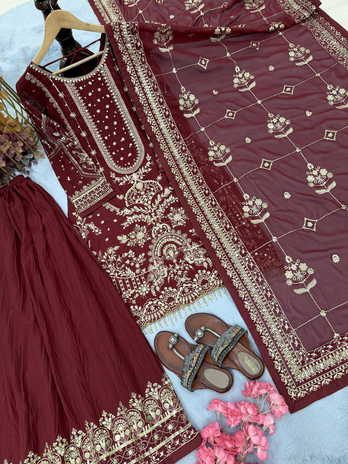 Maroon Georgette Kurta Palazzo Set, view 5