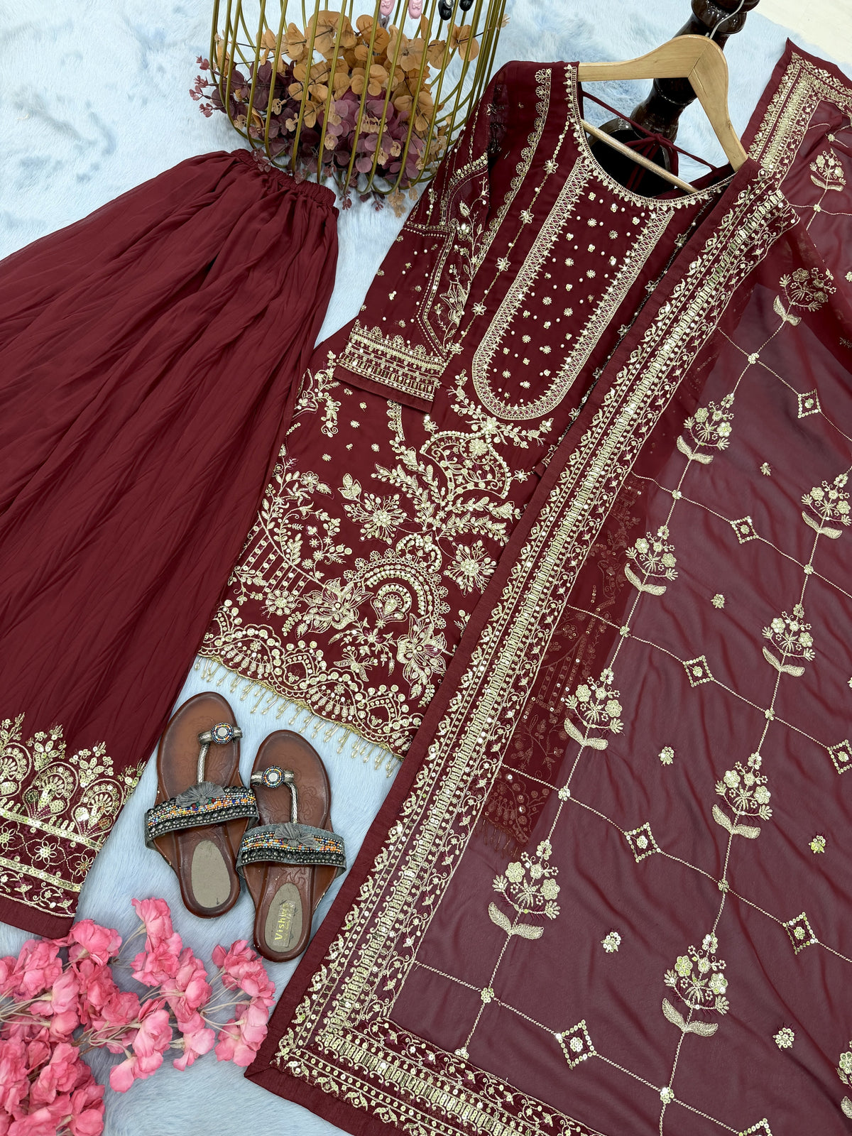 Maroon Georgette Kurta Palazzo Set, view 6