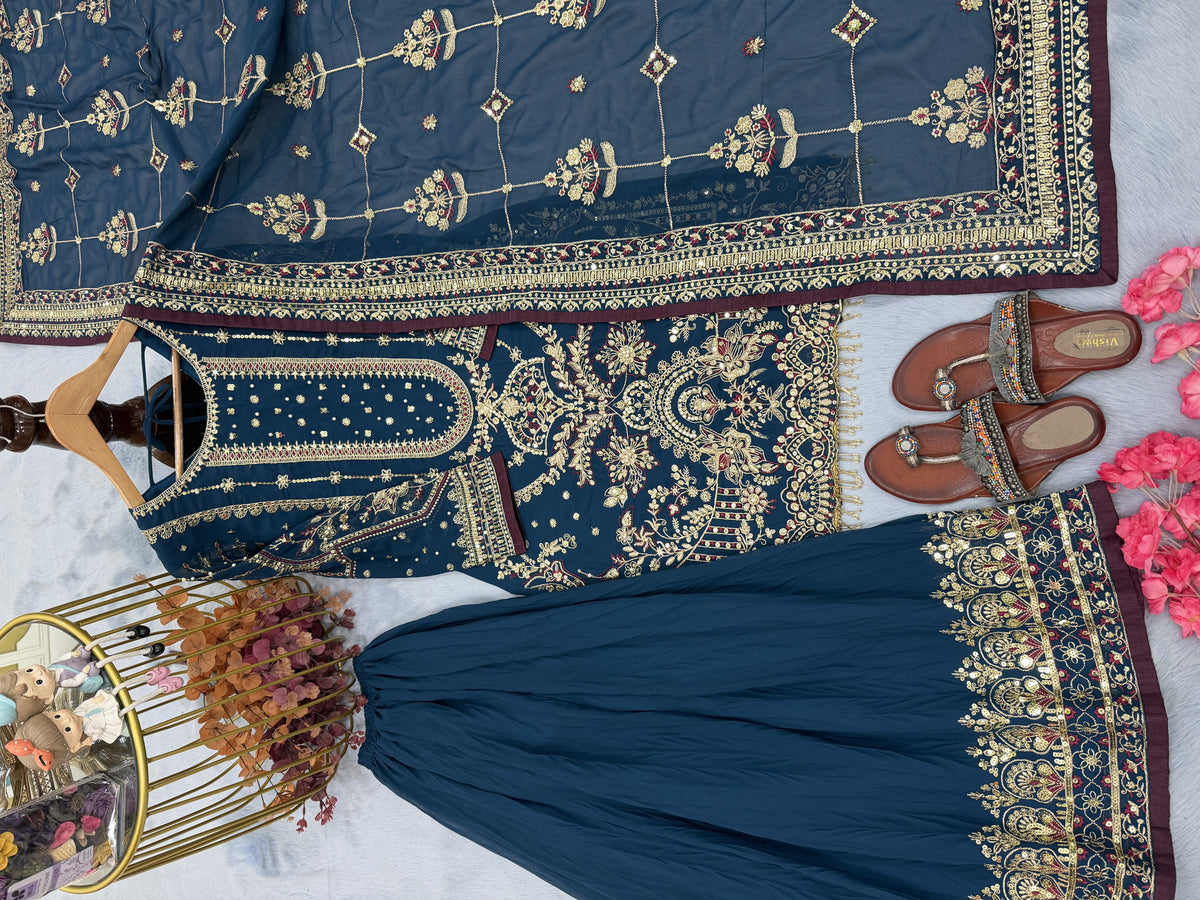 Teal Blue Georgette Kurta Palazzo Set, view 3