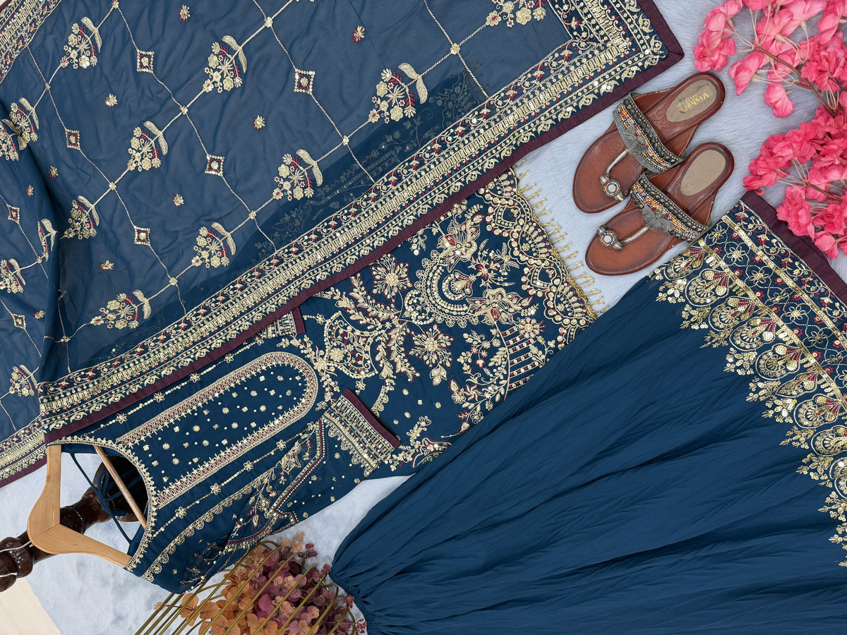Teal Blue Georgette Kurta Palazzo Set, view 5