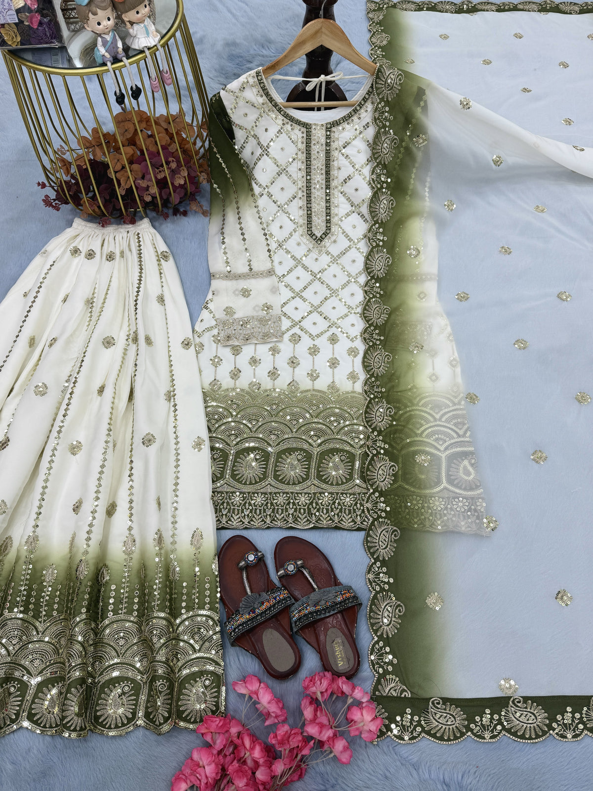 Off-White and Olive Georgette Palazzo Set, view 5