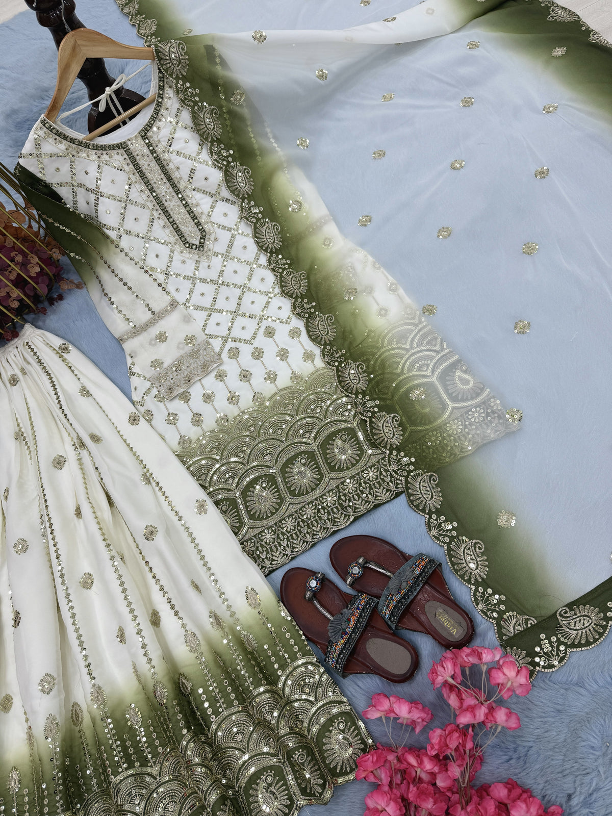 Off-White and Olive Georgette Palazzo Set, view 6