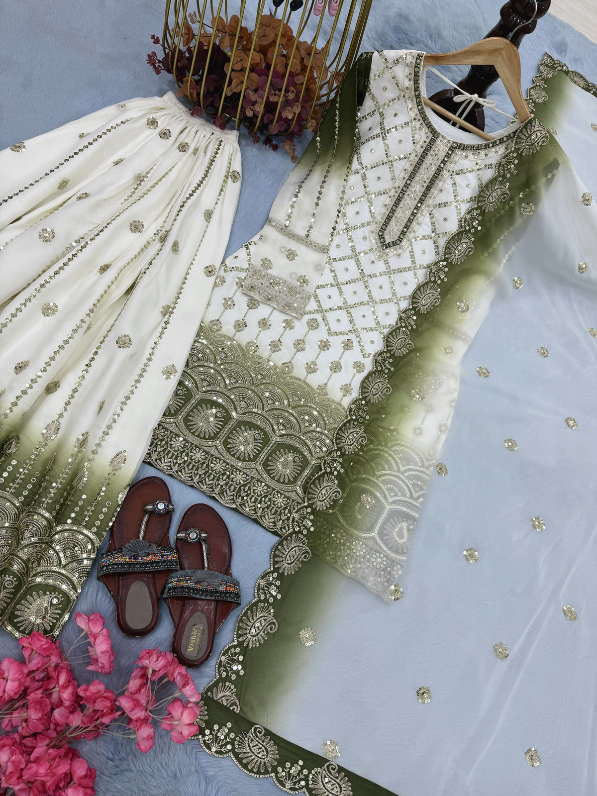 Off-White and Olive Georgette Palazzo Set, view 7