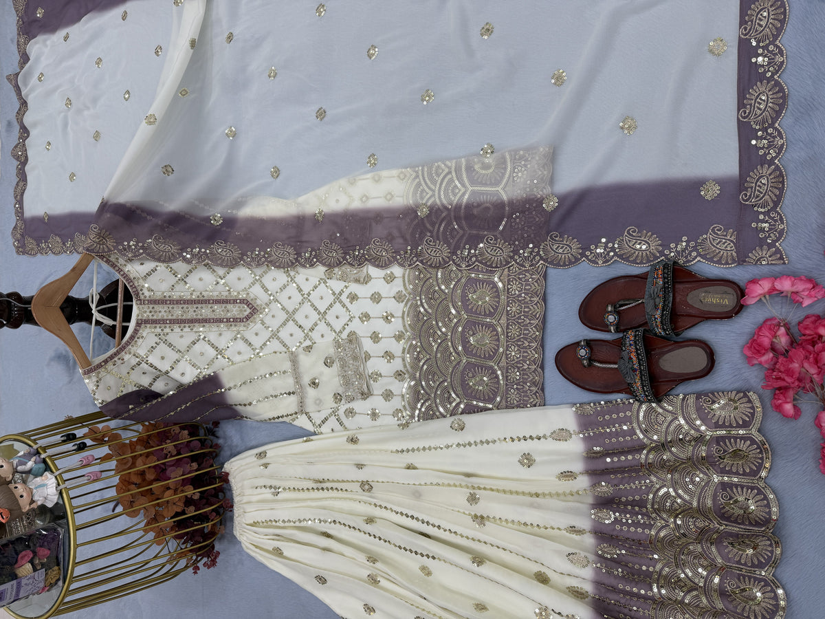 Off-White and Lavender Georgette Palazzo Set, view 4