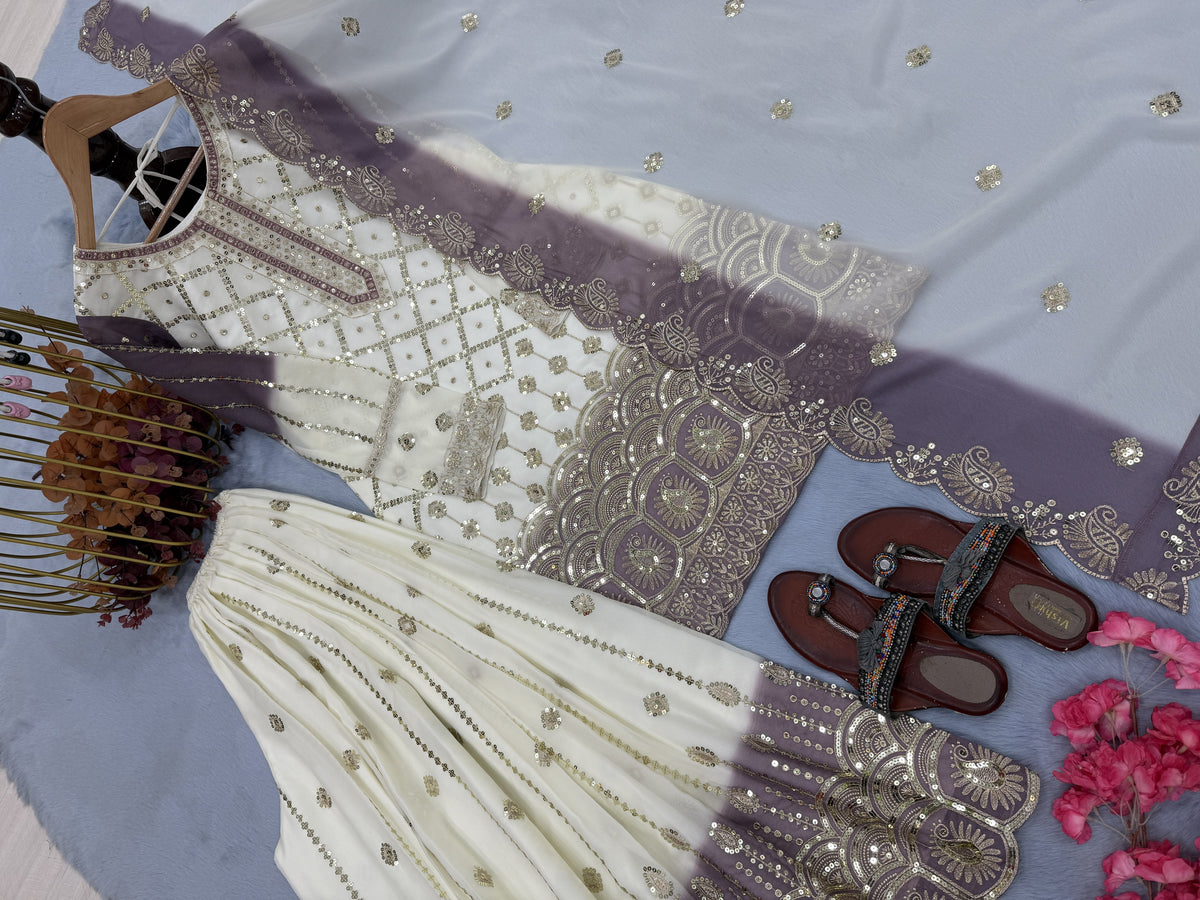 Off-White and Lavender Georgette Palazzo Set, view 6