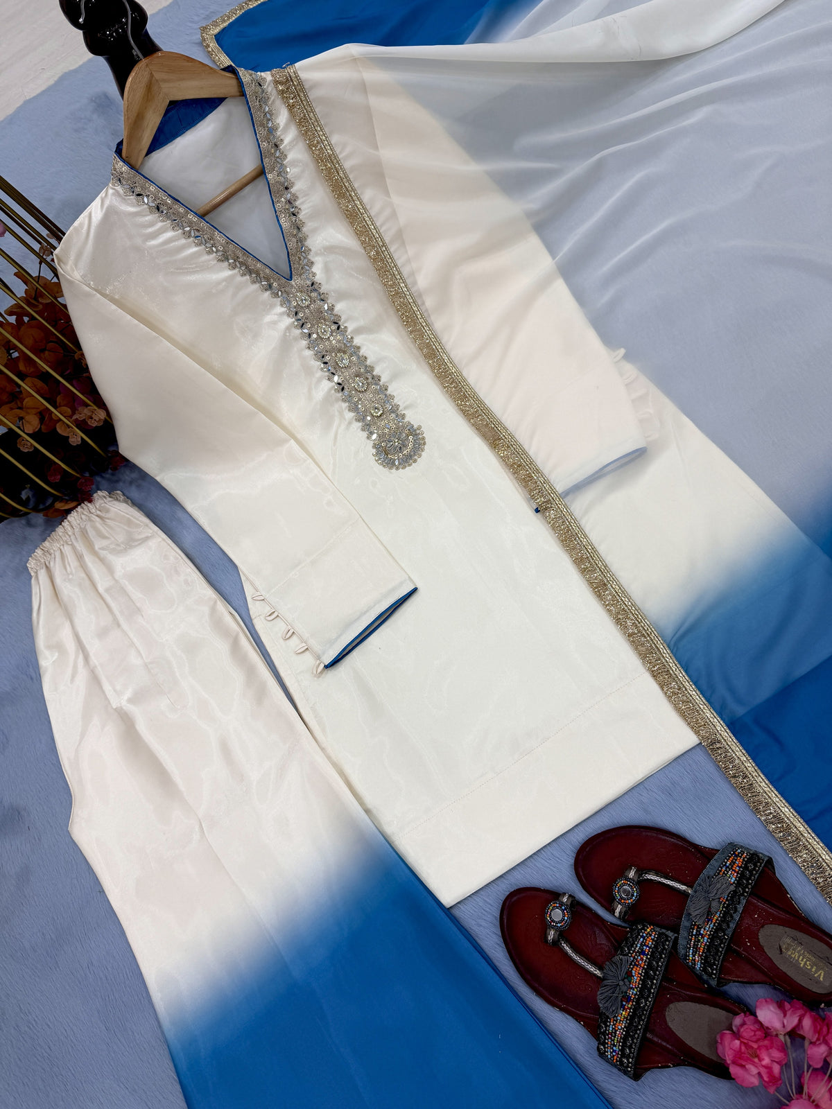Off-White and Blue Ombre Kurta Palazzo Set, view 5