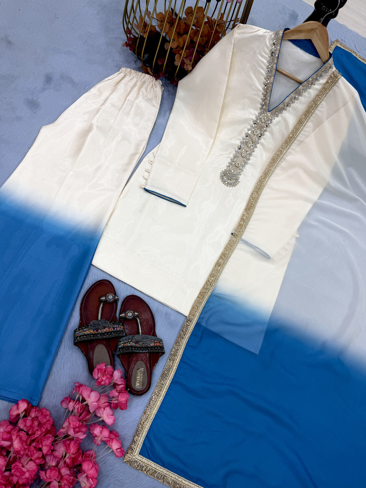 Off-White and Blue Ombre Kurta Palazzo Set, view 6