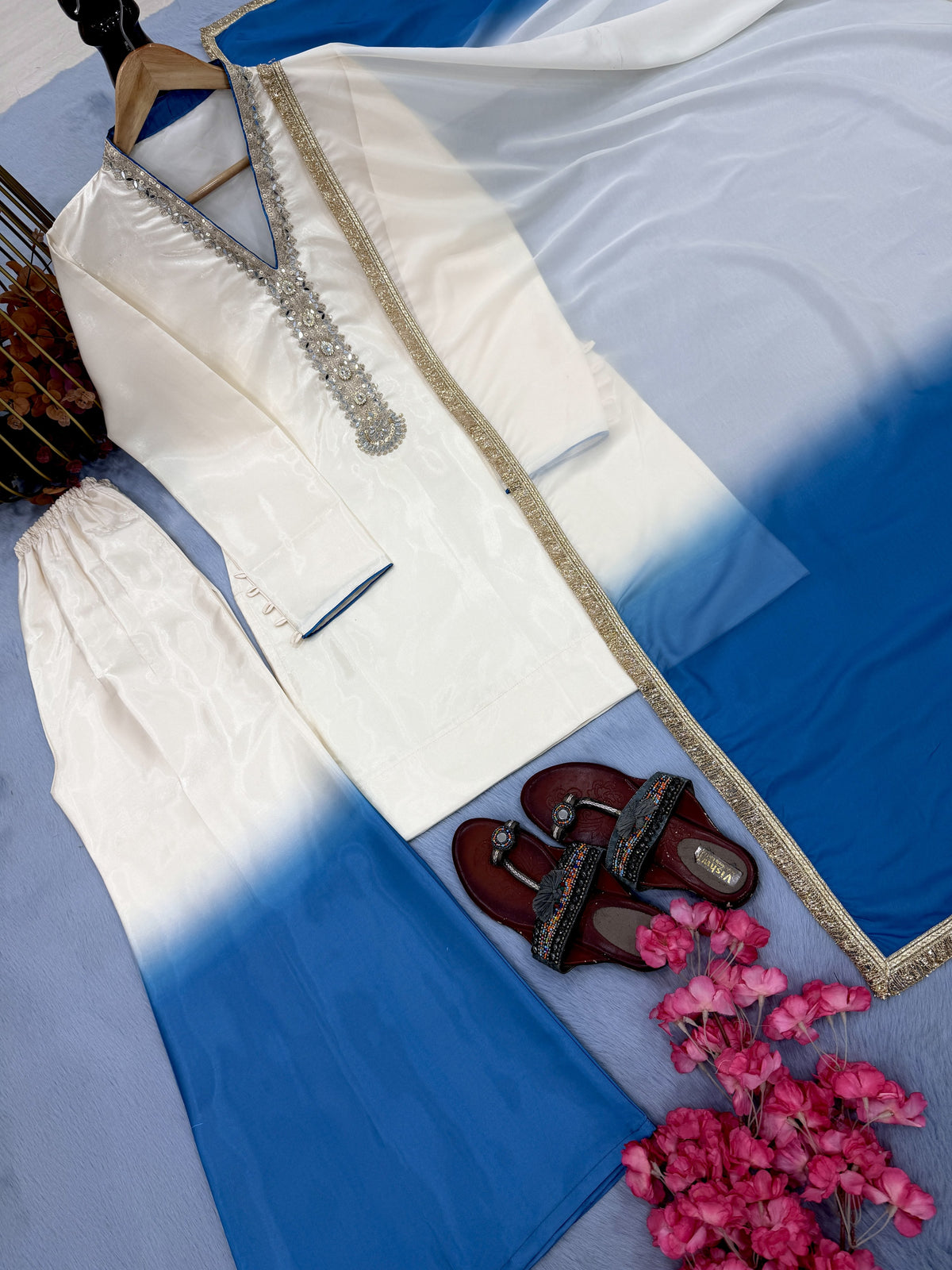 Off-White and Blue Ombre Kurta Palazzo Set, view 7