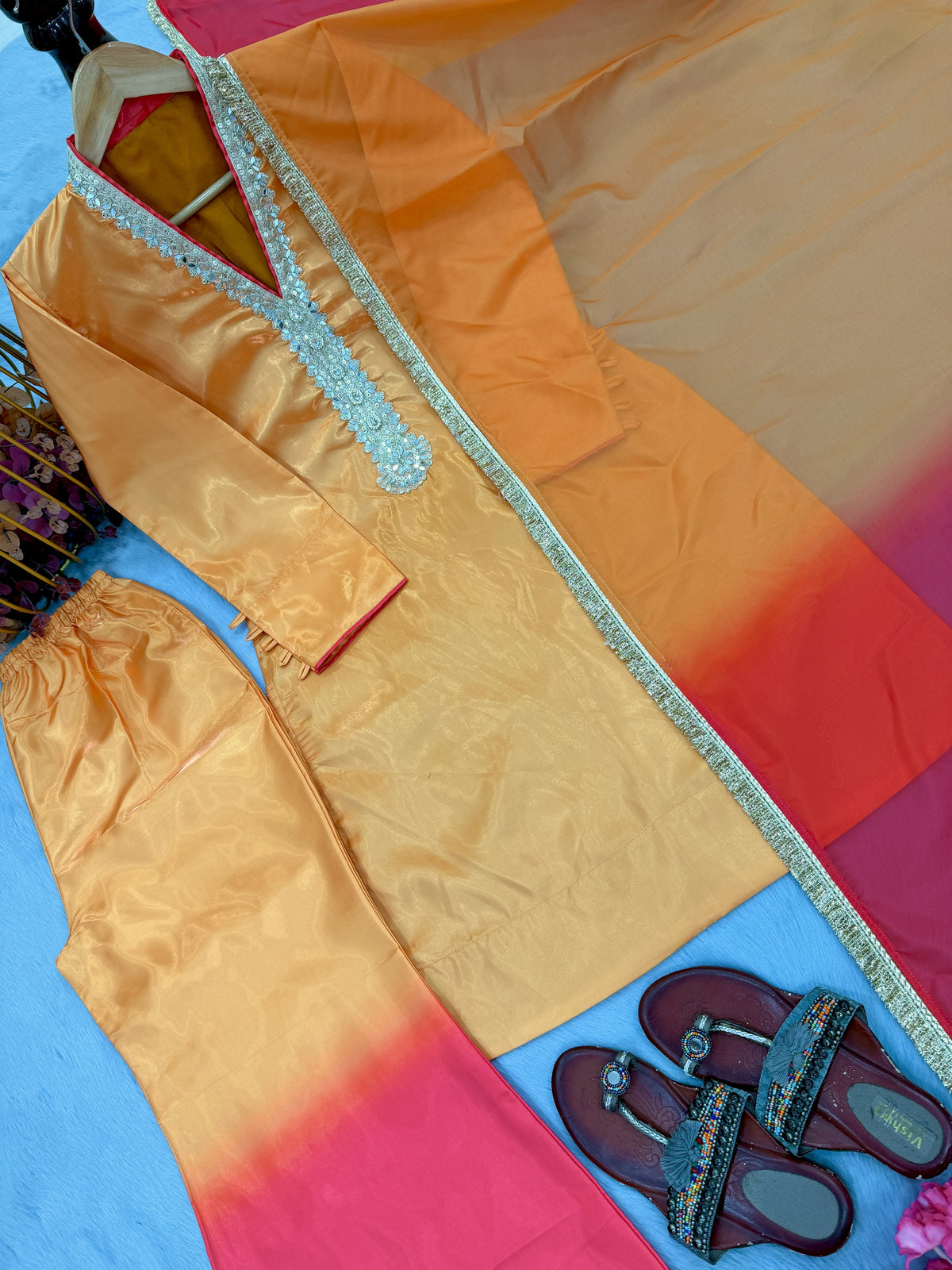 Mustard and Pink Ombre Kurta Palazzo Set, view 5