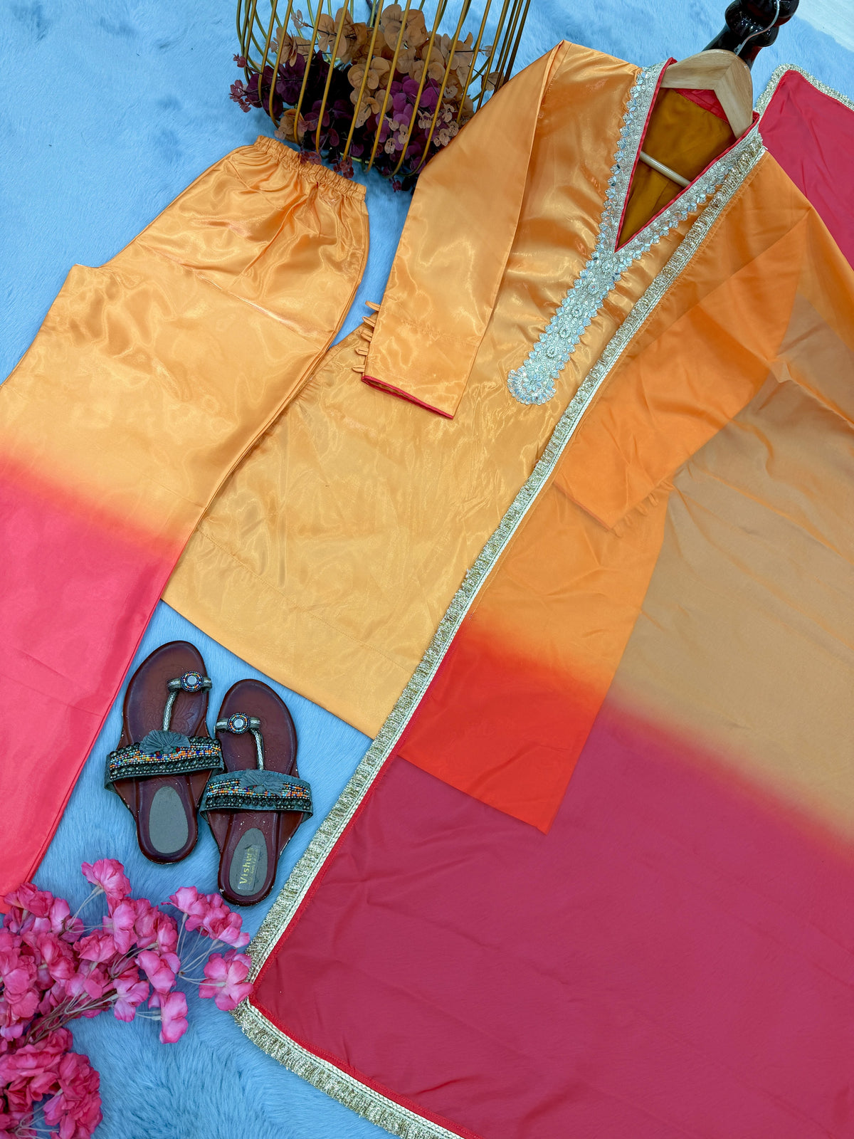 Mustard and Pink Ombre Kurta Palazzo Set, view 6