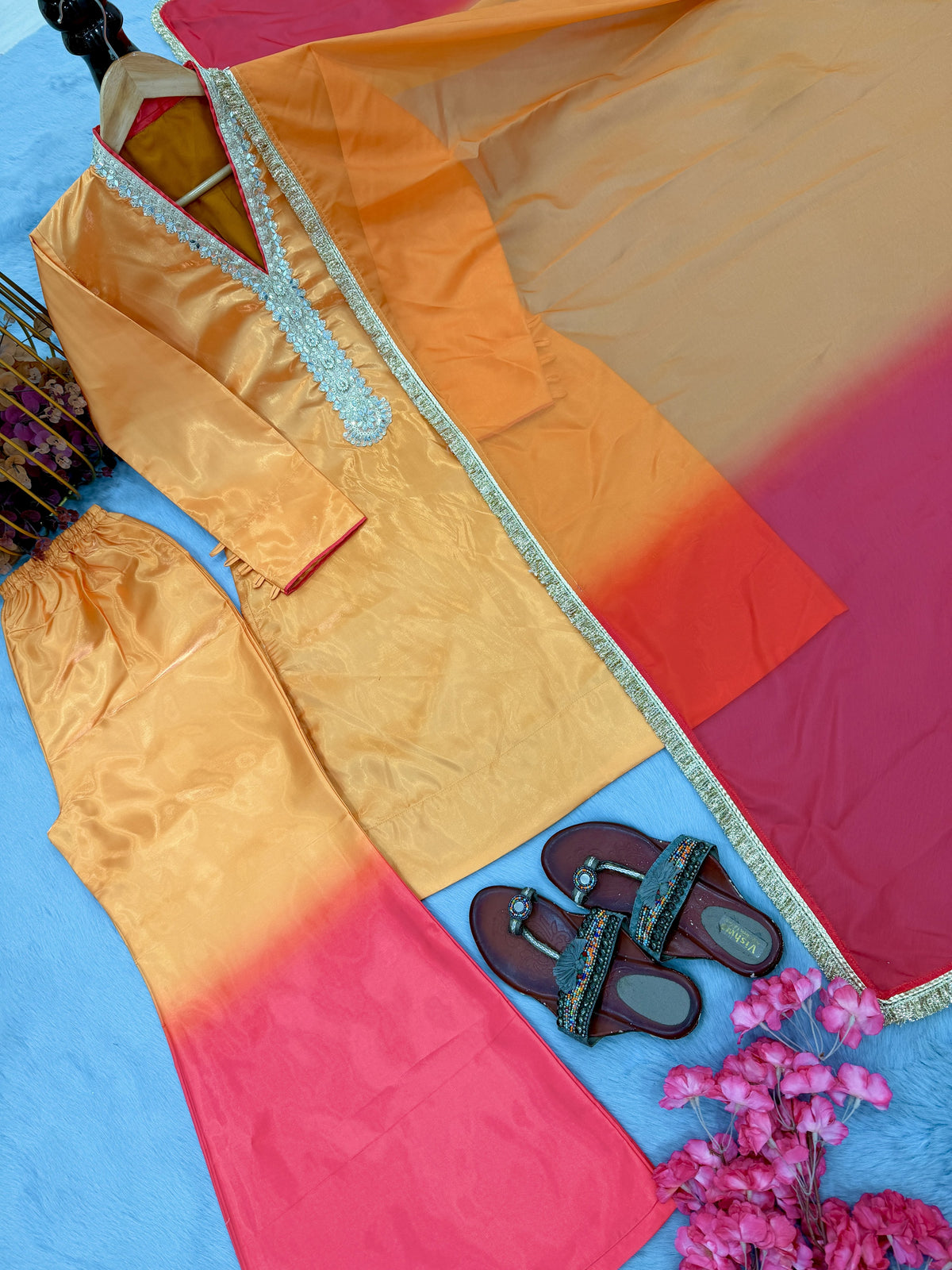 Mustard and Pink Ombre Kurta Palazzo Set, view 7