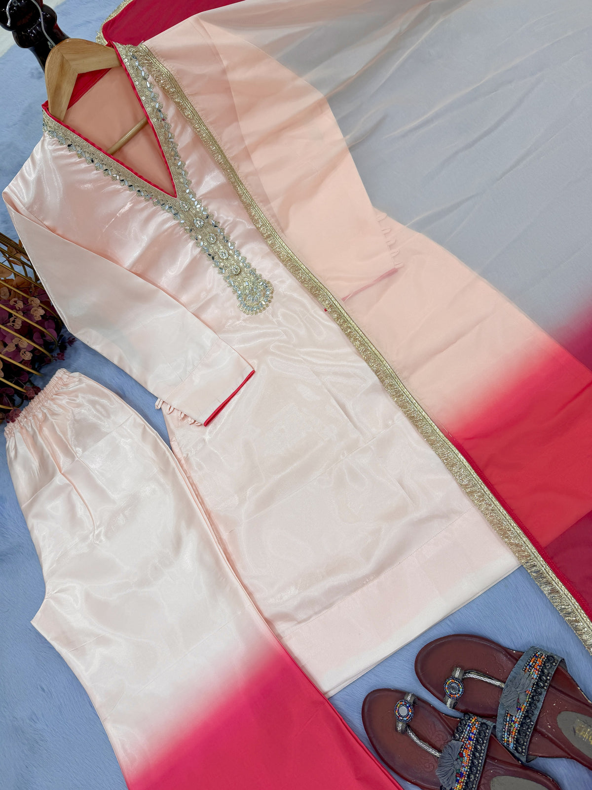 Off-White and Red Ombre Kurta Palazzo Set, view 4