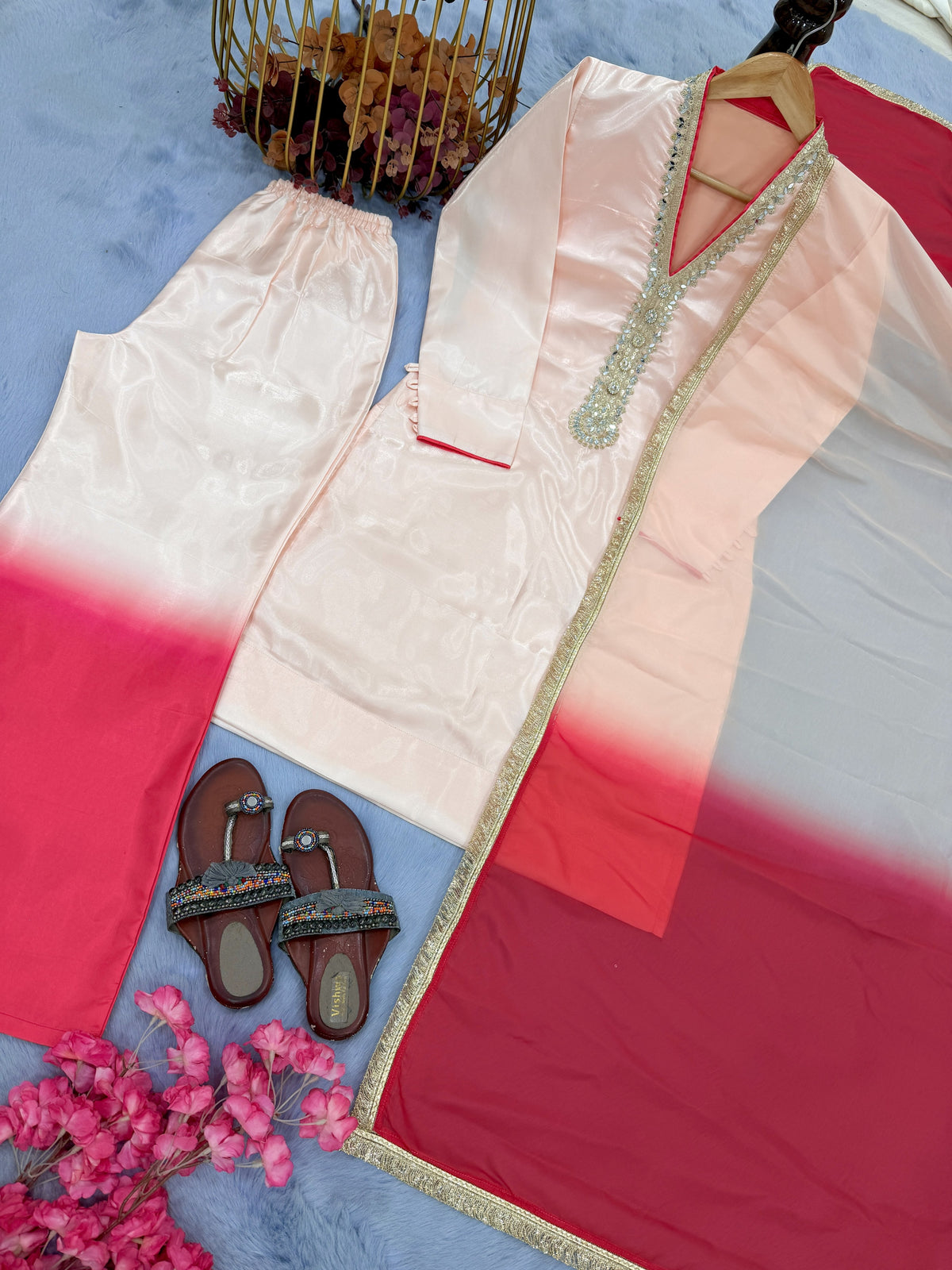 Off-White and Red Ombre Kurta Palazzo Set, view 5