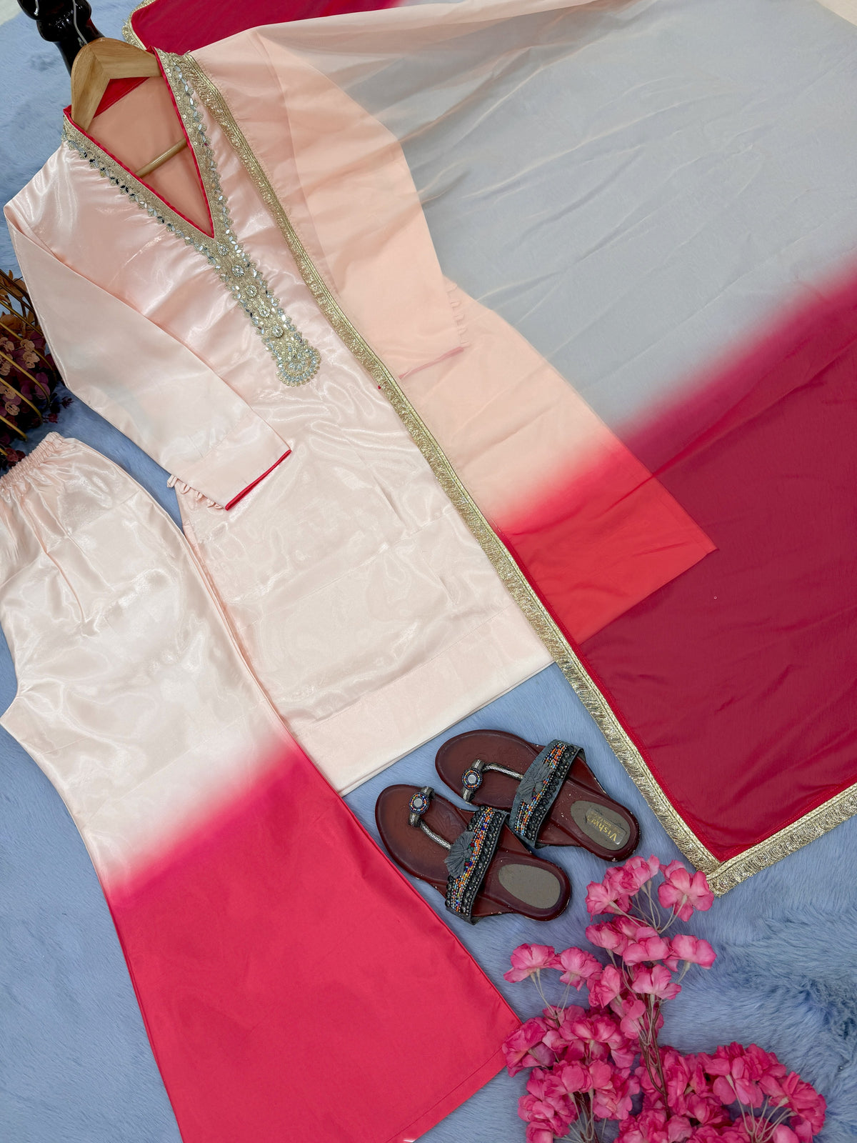 Off-White and Red Ombre Kurta Palazzo Set, view 6