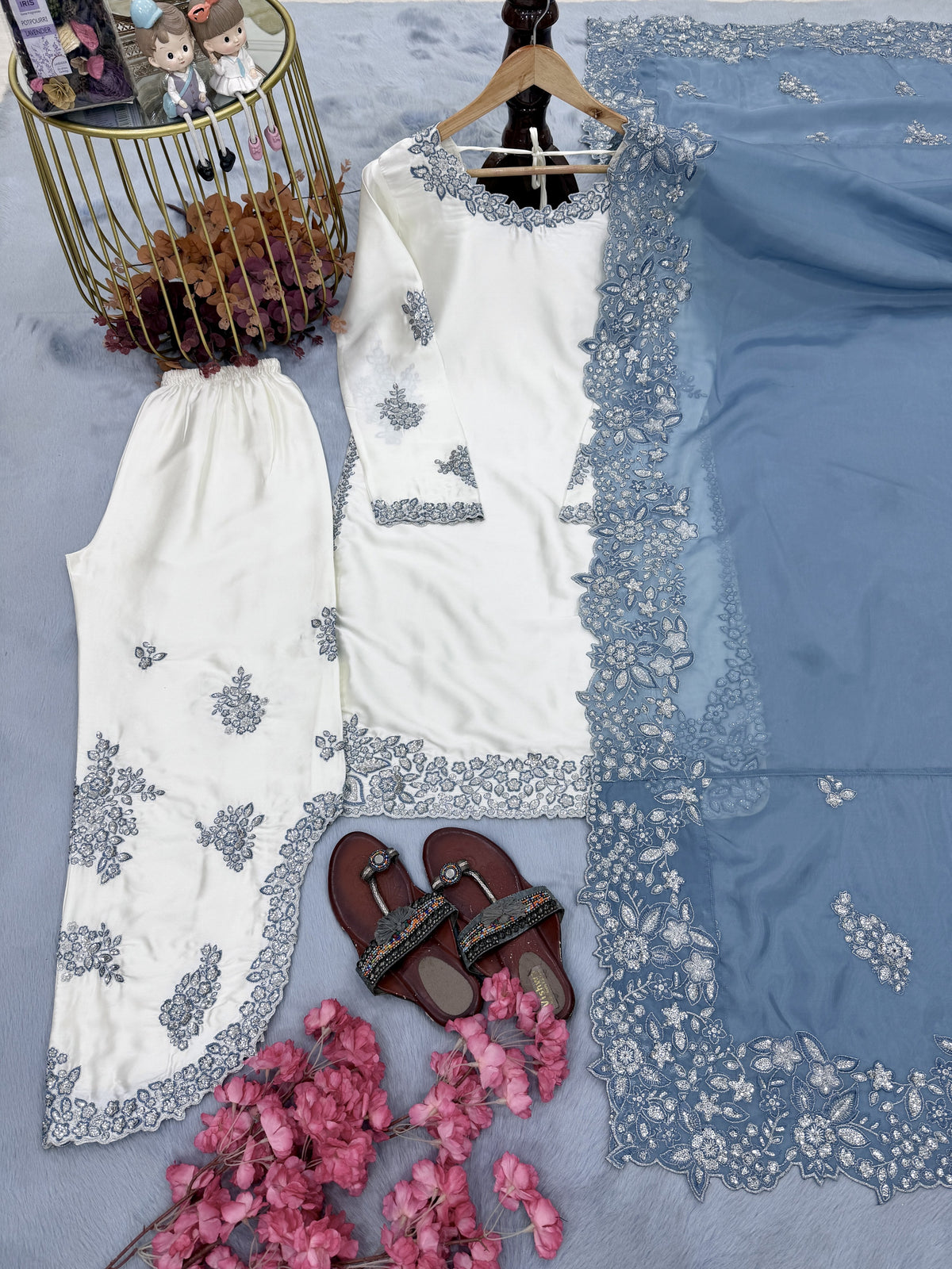Off-White Roman Silk Kurta Set with Blue Dupatta, view 6
