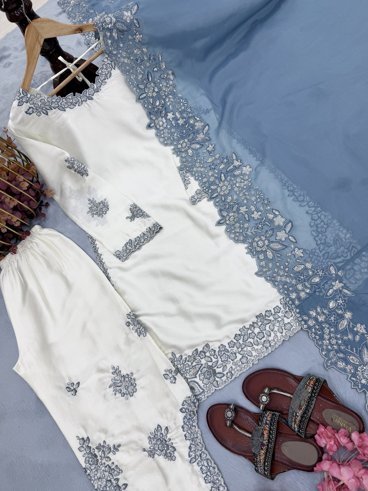 Off-White Roman Silk Kurta Set with Blue Dupatta, view 8