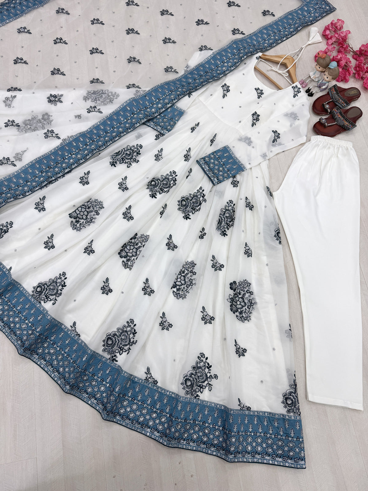 White Georgette Anarkali Suit with Blue Border, view 4