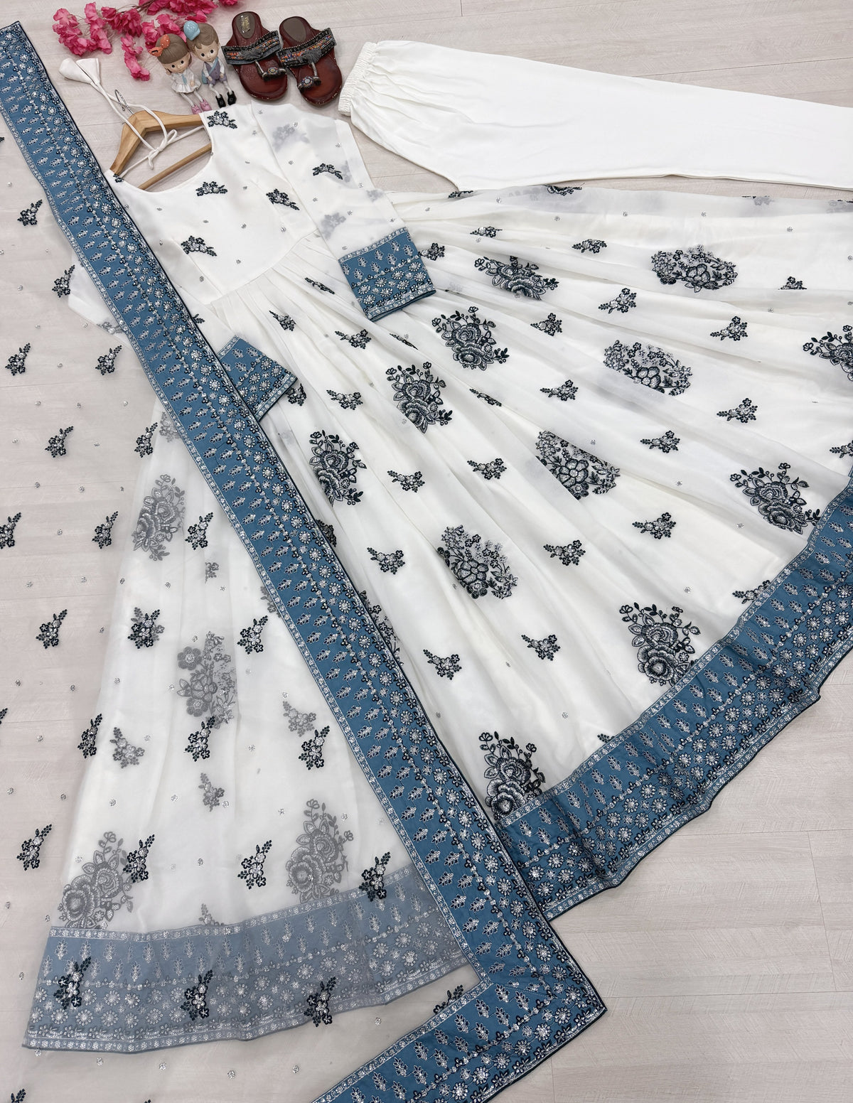 White Georgette Anarkali Suit with Blue Border, view 5