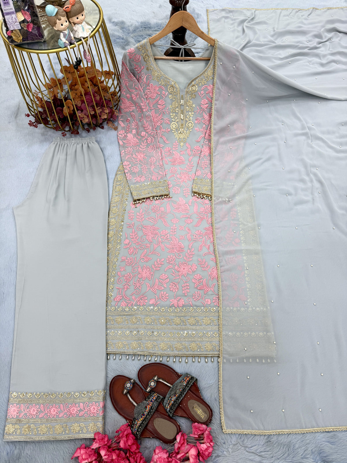 Pink Georgette Kurta Palazzo Set, view 4