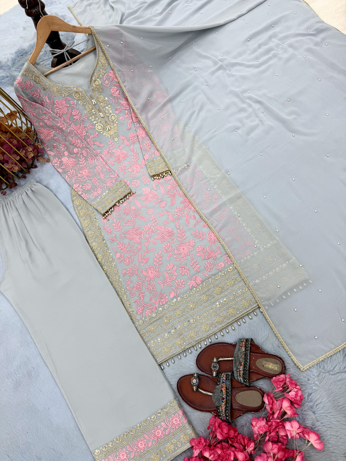 Pink Georgette Kurta Palazzo Set, view 5