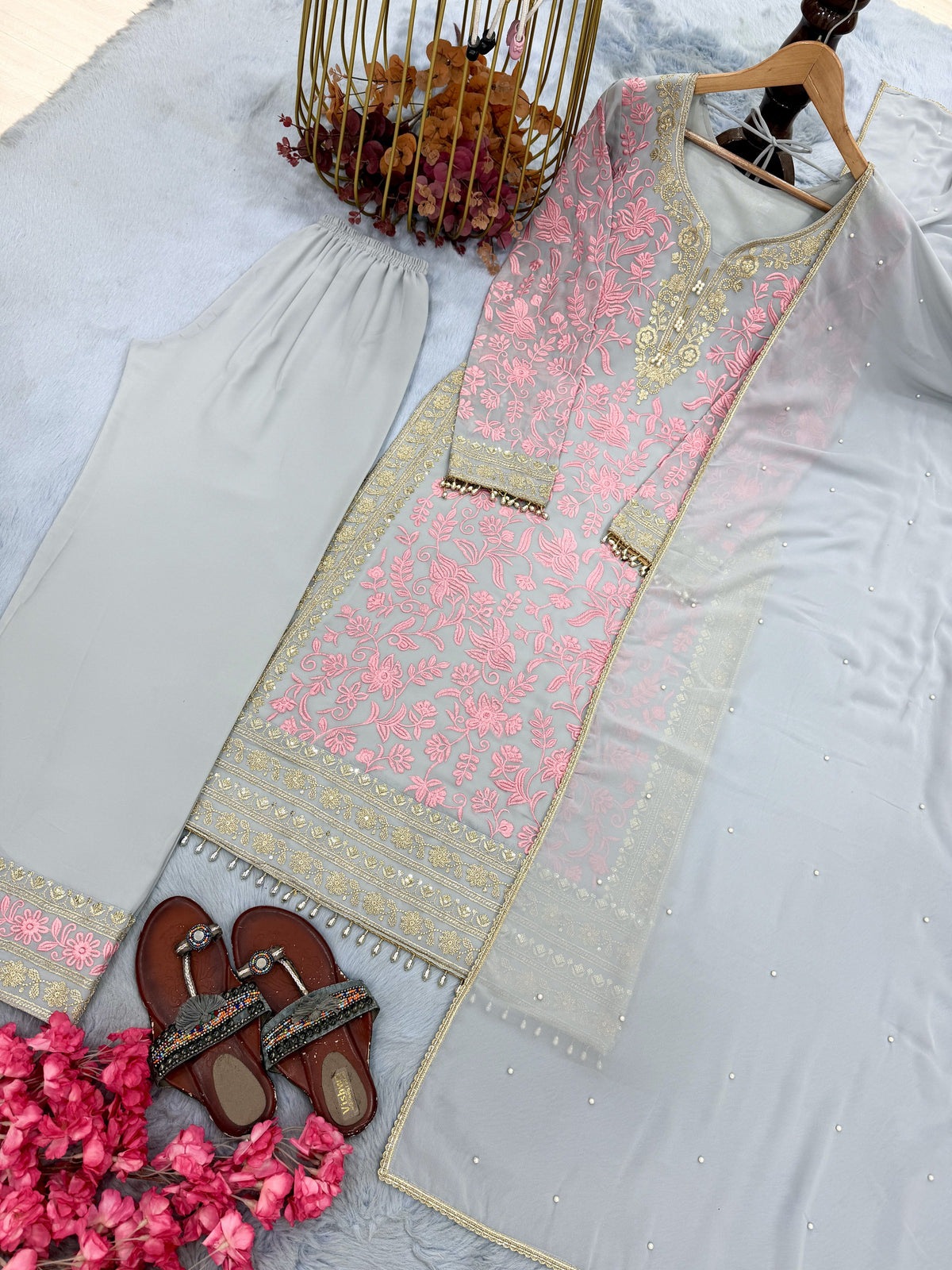 Pink Georgette Kurta Palazzo Set, view 6