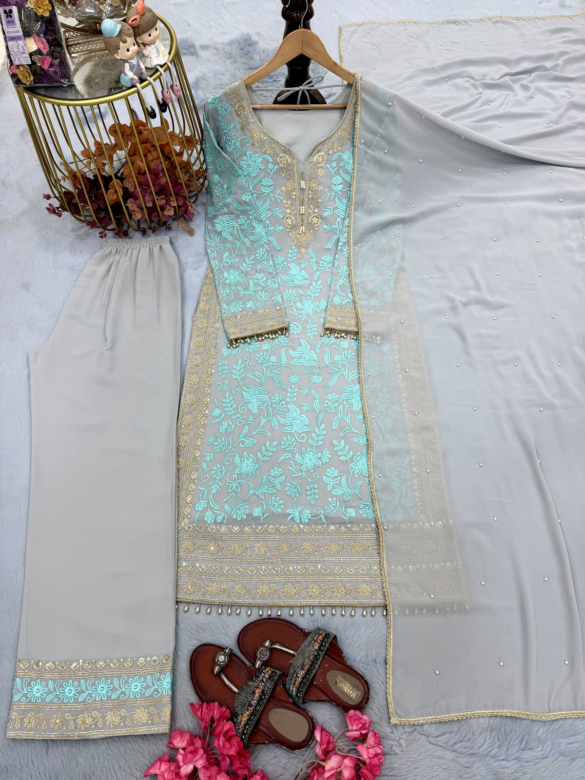 Aqua Blue Georgette Kurta Palazzo Set, view 4