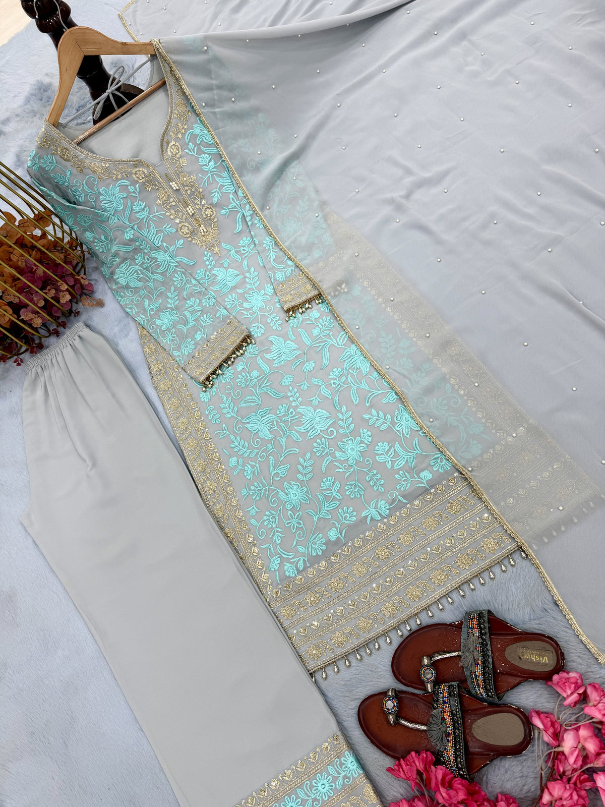 Aqua Blue Georgette Kurta Palazzo Set, view 5
